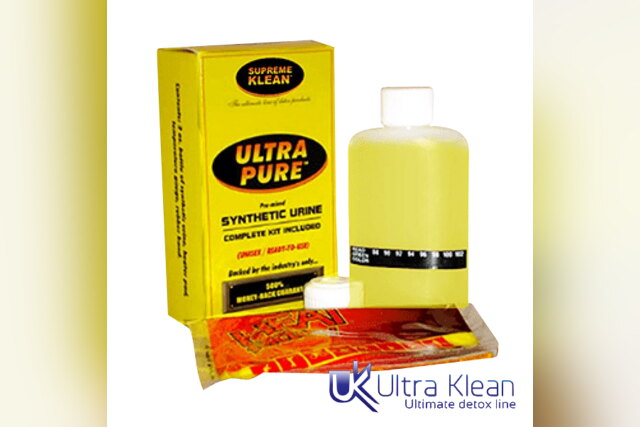 Ultra Pure synthetic urine kit box with its bottle and heat pad