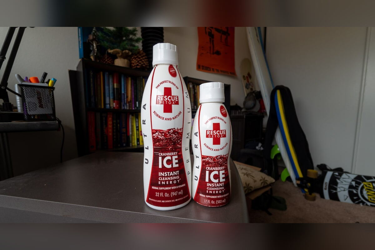 Two bottles of Rescue Detox ICE cranberry detox drink