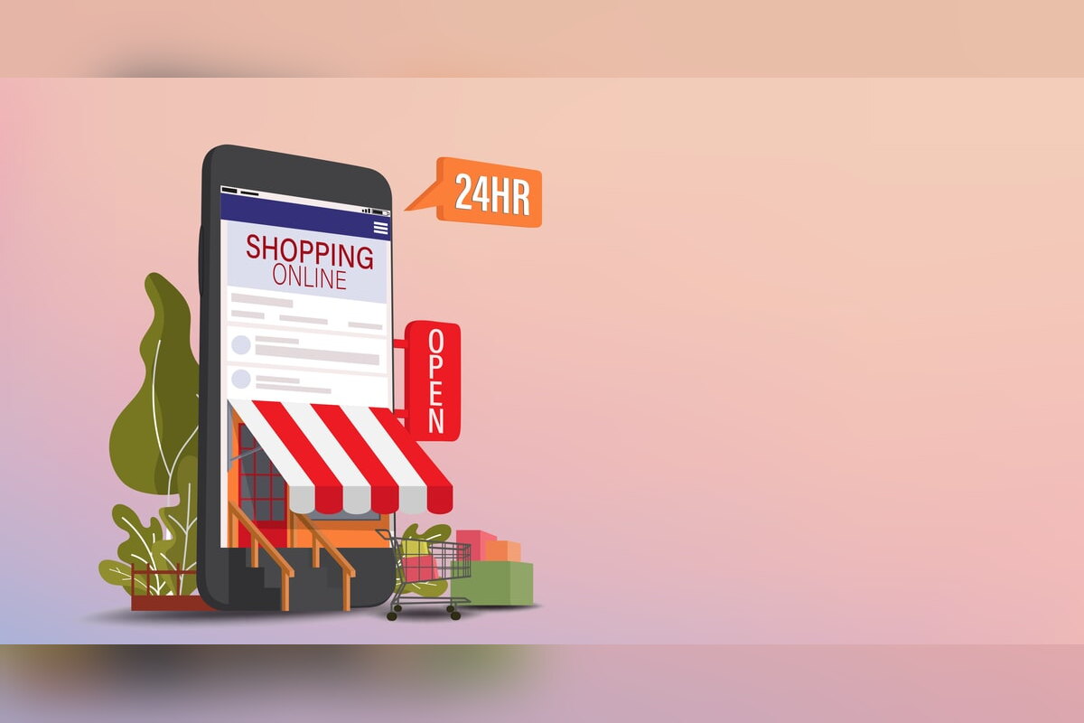 Illustration of an online shop on a smartphone open 24 hours