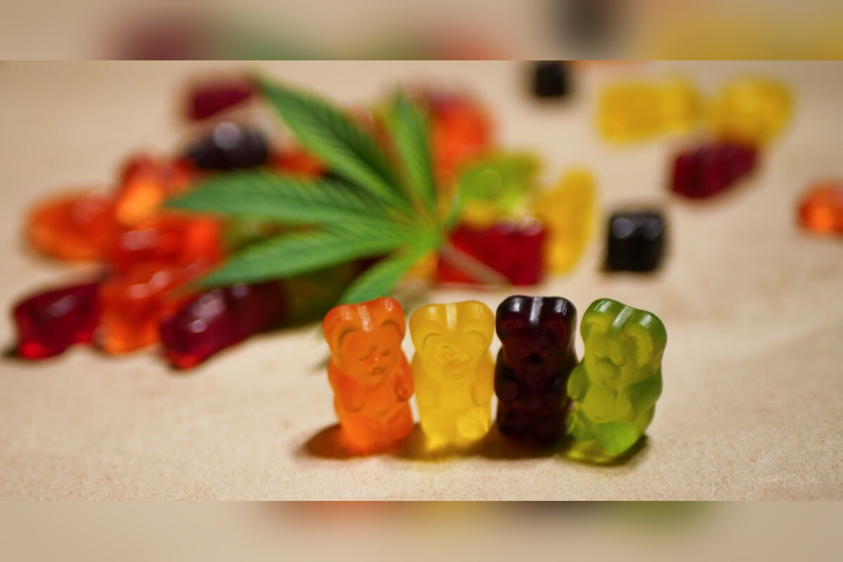 Gummy bears lined up beside a cannabis leaf on a table