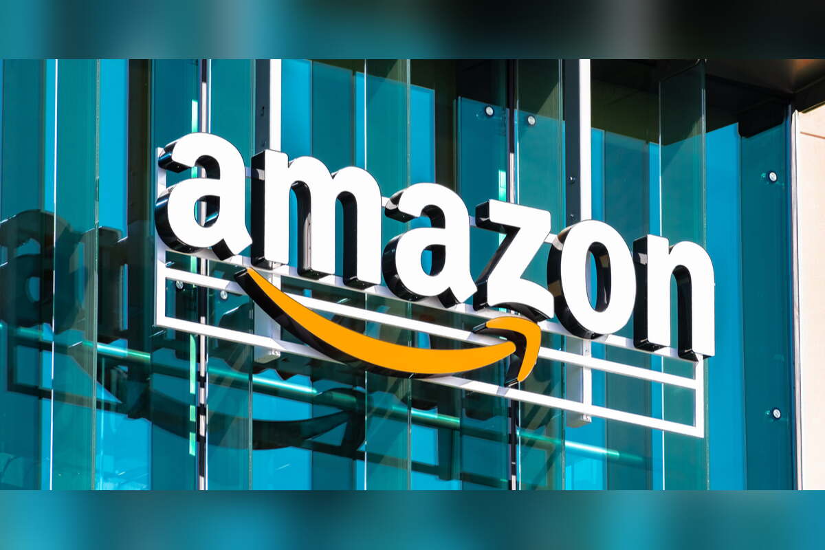 Amazon logo on a blue wall