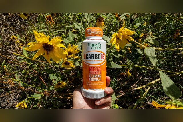 Hand holding Herbal Clean QCarbo16 Mega detox drink among yellow flowers