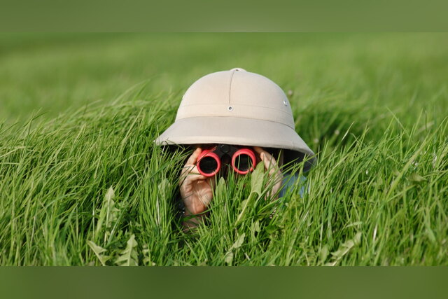 Person hiding in tall grass with binoculars, searching for quality CBD oil