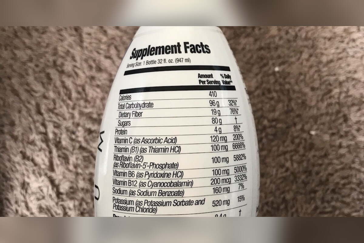 Supplement facts label on a Rescue Detox ICE drink bottle