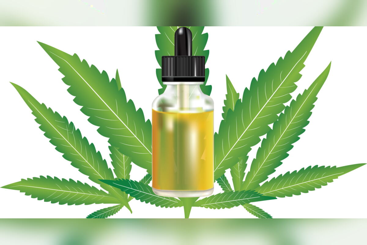 Illustration of a CBC oil bottle over cannabis leaves