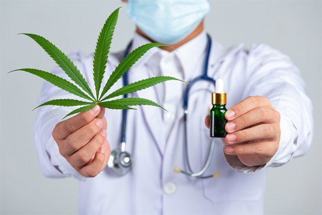 Doctor in a mask holding a cannabis leaf and a CBD oil bottle